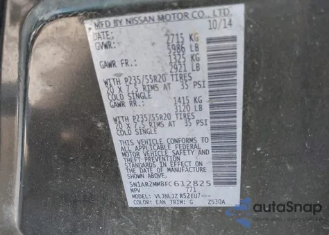 2015 Nissan Pathfinder Platinum z USA, uszkodzony, nr VIN 5N1AR2MM8FC612825